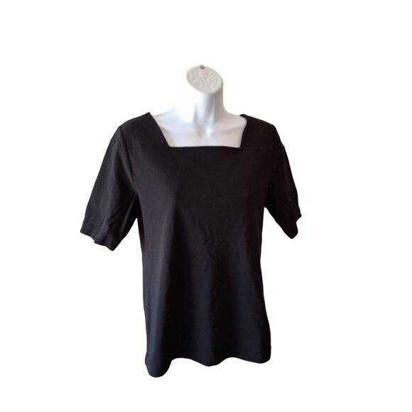 Ann Taylor Top LP Black Square Neck Short Sleeve Top Normcore Goth - Picture 1 of 6